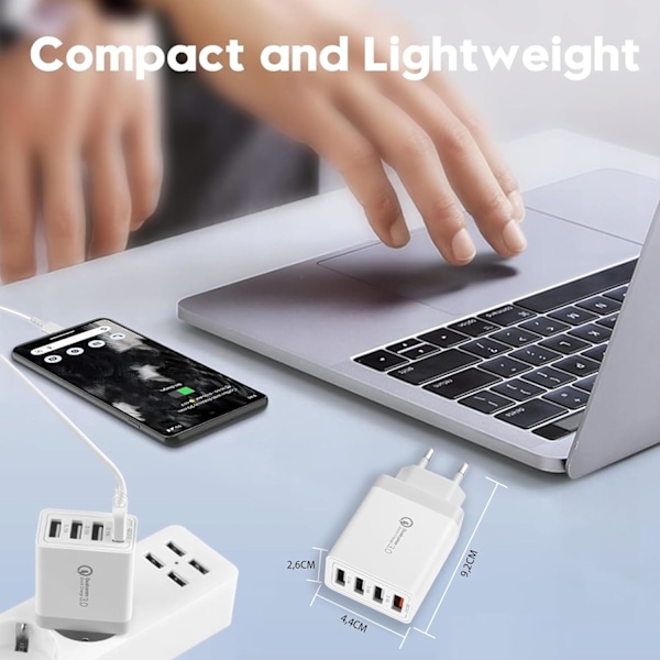 2-pak USB-oplader, 4-ports USB-opladningsadapter med 33W Smart QC 3.0 hurtigoplader, Multi-port strømforsyning til iPhone, Samsung white 2 pack