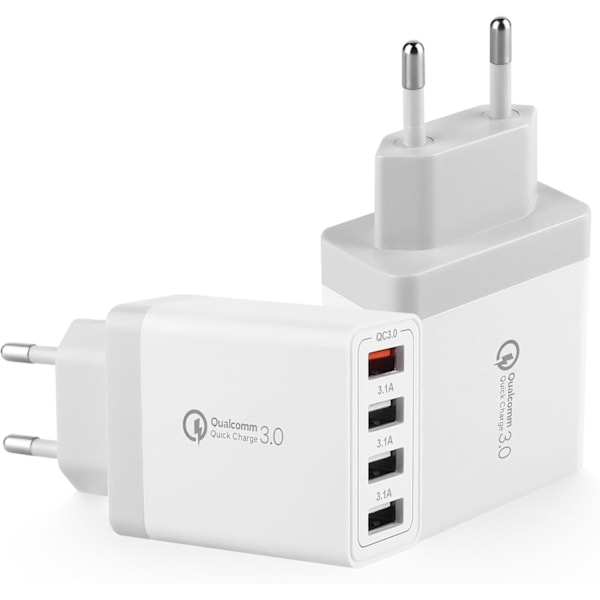 2-pak USB-oplader, 4-ports USB-opladningsadapter med 33W Smart QC 3.0 hurtigoplader, Multi-port strømforsyning til iPhone, Samsung white 2 pack