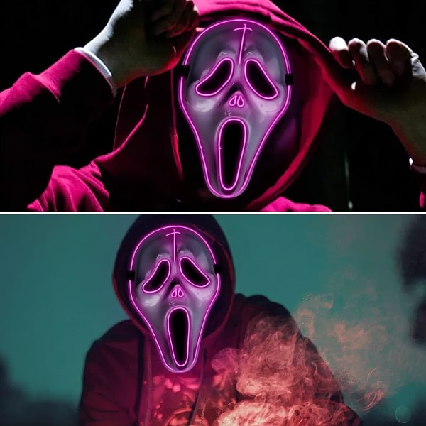 YEHUARIS Halloween-maske, Purge LED Light Up Mask for voksne m?n, kvinder, barn, skr?mmande gl?dmask med 4 lysl?gen A-purple