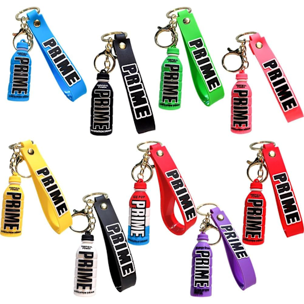 9 stk. Prime Drink Bottle Style Metal, Prime Drink Bottle Keychain, 3D Gummi Nøglering, Prime Drink Bottle Keychain Nøglering