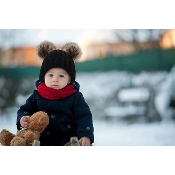 Varm vintermössa för barn med pompom-öron, elastisk stickad - svart