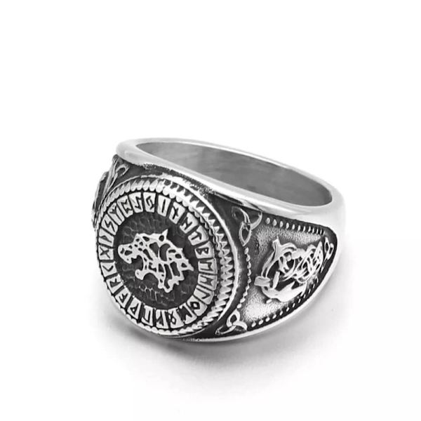Ring med varg i rostfritt stål med runor, 5 storlekar, vikingar, Valknut