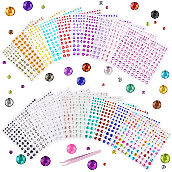 Strass-stickers, självhäftande, 3 300 st, ädelstenar, 20 ark, juveler, kristallstrass, stickers, 2/3/4/5/6 mm