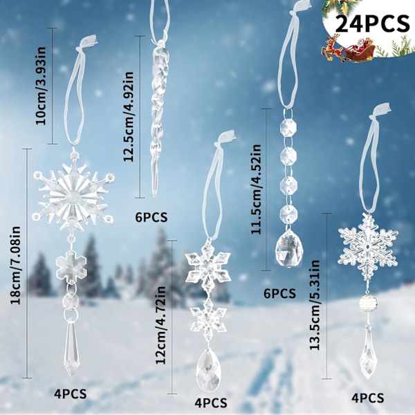 24 kristallsnöflingor ornament julgranspynt