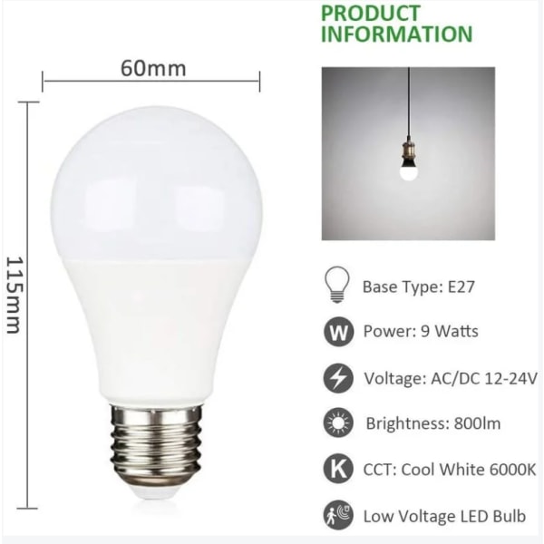 E27 12V LED Kaldhvit 6500K for camping, 75W Halogenekvivalent, AC DC 12 Volt 24 Volt E27 LED-pære for solpanel/garasje/hage, ikke dimbar 9 watts