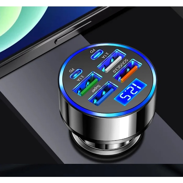Jumon Billaddare 100W Stöd för Supersnabb Laddning 6 i 1 Multi-Port Bil Digital Display Mobiltelefon Billaddare Japanese Standard blue