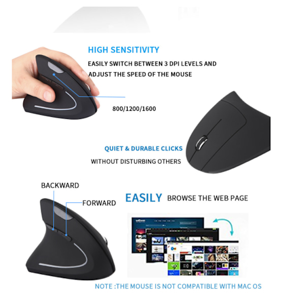 2.4G Trådlös Ergonomisk Vertikal Sladdlös Mus Vänsterhänt Svart