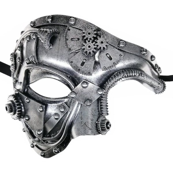 Steampunk-metallikyborgi venetsialainen naamio, naamiaisnaamio Halloween Kostym -juhliin / Oopperan kummitus / Mardi Gras Ball Silver Punk Half Face Mask