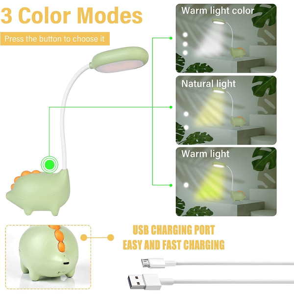 LED-bordlampe, bordlampe til børn Justerbar sengelampe med øjenplejesensor 3 lysstyrkeniveauer, USB-genopladelig touch-kontakt til læsning, studier yellow