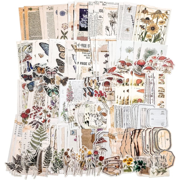 200 stykker transparenta dekorative klistermærker med växter og blommor i vintagestil, 9 naturteman, klistermærken Natur Växter