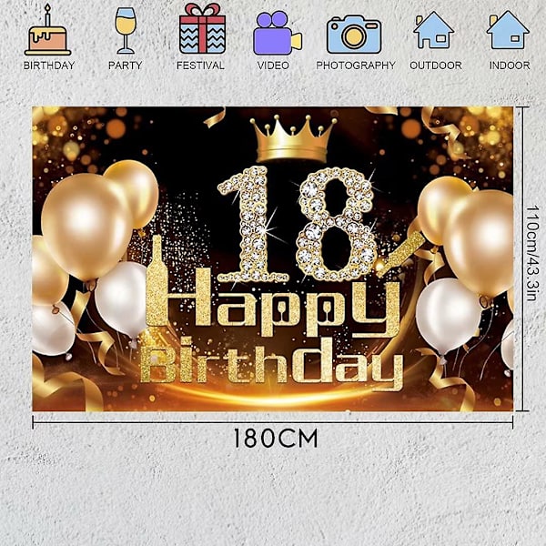 Sort banner i sort og guld til 18-års fødselsdag