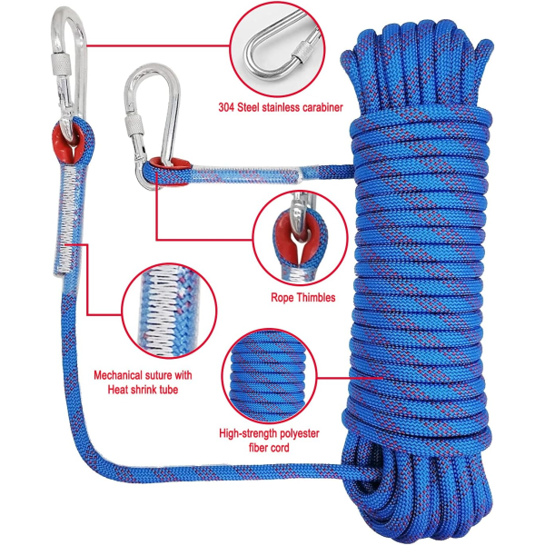 Udendørs klatrereb diameter 10mm udendørs klatrereb, 2 karabinhager (30m*1pc)