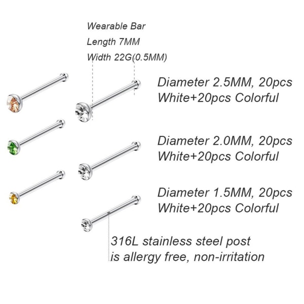 60 STK/ Sett Strass Nese Ring Ben Stud Rustfritt stål color 1.5/2.0/2.5mm