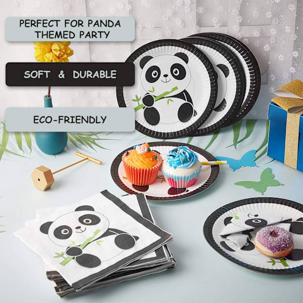 30 stk. Panda Papirkage Tallerkener og 40 stk. Panda Baby Servietter