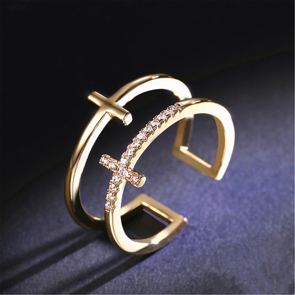 Adjustable Gold Plated Cubic Zirconia Double Cross Ring, Gold