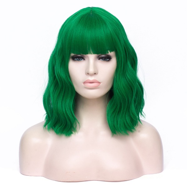 Kort syntetisk peruk dam vågig peruk axellengd Halloween cosplay peruk flicka kostSLYM mode peruk, grønn