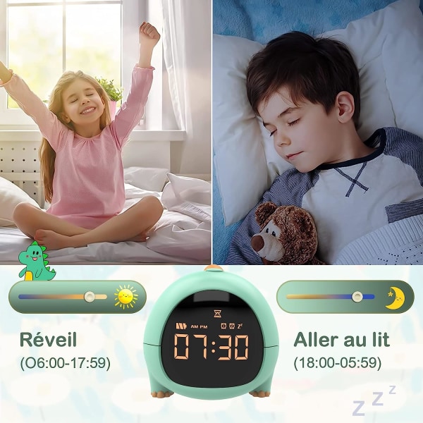 Vækkeur til børn, LED-vækkeur til børn, USB-opladningsvækkeur, multifunktionelt justerbart natlys Nedtælling Pige Drenge Green