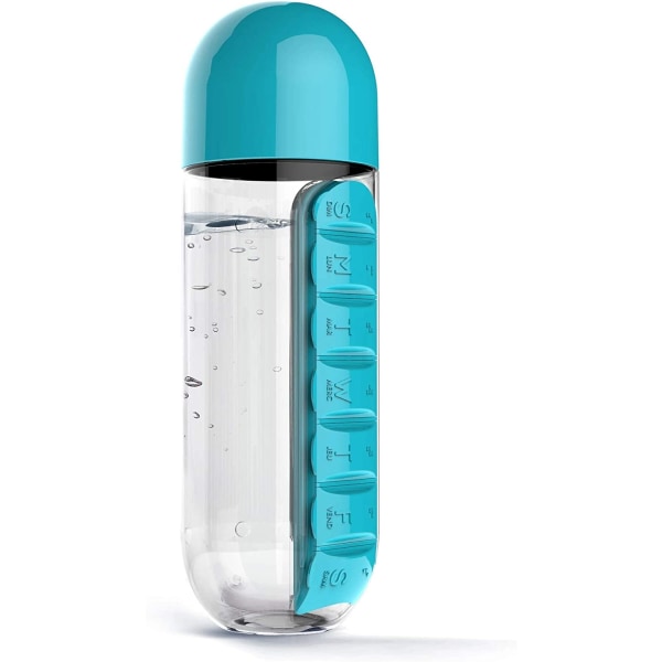 Vannflaske med pilleholder, bærbart innsatt pilleetui-blå