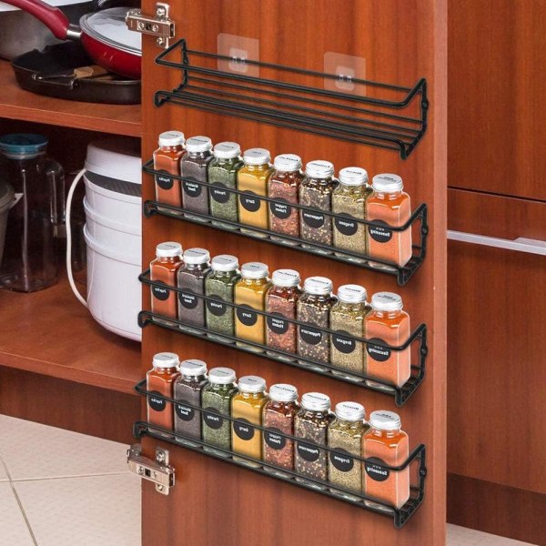 Set of 4 metal spice racks for wall mounting with self-adhesive strips or for screwing, black