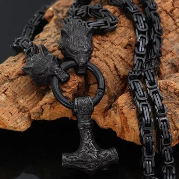 Bysantin ketju musta riipus Thor's Hammer ruostumaton teräs Wolf Viking korut 50/60/70cm