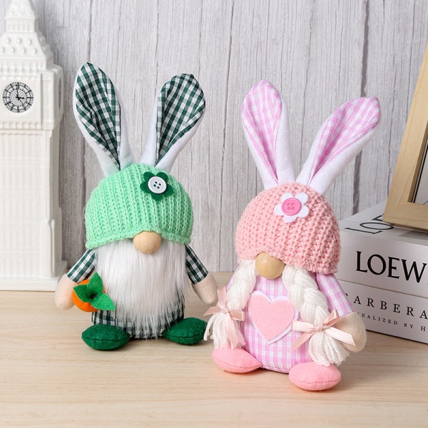 2 Easter Plaid Bunny Ears Doll Prop Ornament, Faceless Elderly Couple Doll Decoration