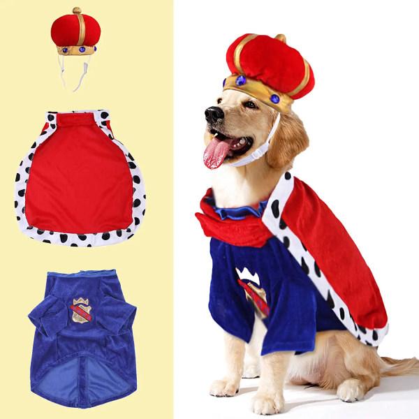 Halloween Dog King Cape kostym med krona höst vinterdräkt