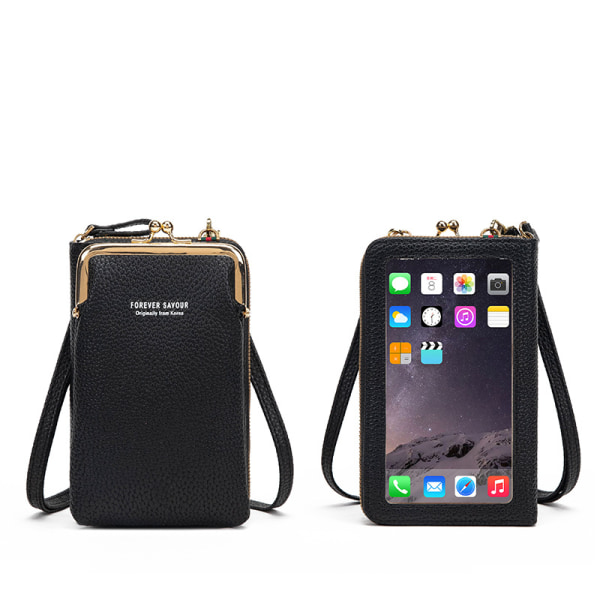 Dame tegnebog lynlås Touch Screen Mini telefontaske, sort