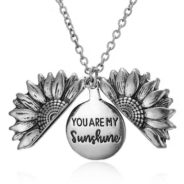 Womens You Are My Sunshine Open Locket Sunflower Necklace, Sliver