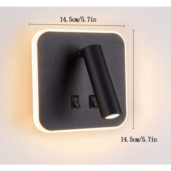 Vægplade Sort Sengelampe LED Sengelampe 3000K (3W+10W) Sort Firkant
