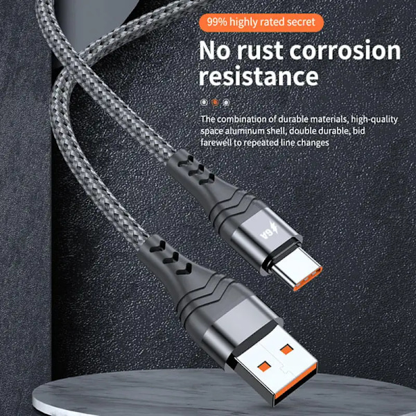 2025 Ny 6A Typ C Snabbladdande USB-kabel Nylonflätad Mobiltelefonladdarkabel Samsung Huawei Datakabel black 1 meter