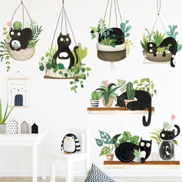 Veggdekor (svarte katter som ligger i hengende potteplanter)