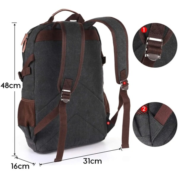 Canvas Ryggsäck för Män, 17.3\" Laptop - 35L Studentryggsäck Svart