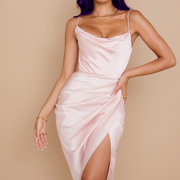 Women's Sleeveless Satin Wedding Guest Party Dress (Pink,L)