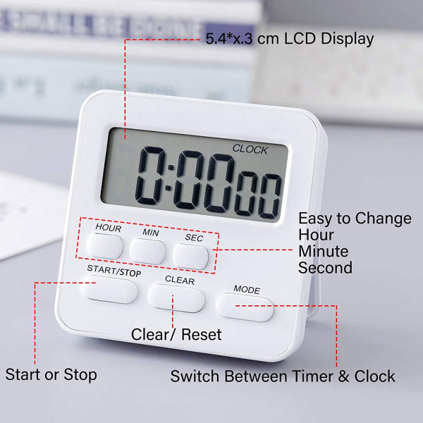 24-timmars digital kökstimer, stor display, högt alarm, vit