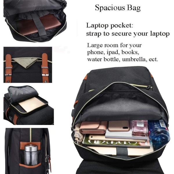 Retro kannettavan tietokoneen reppu, miesten koululaukku, 15,6 tuumaa (musta)