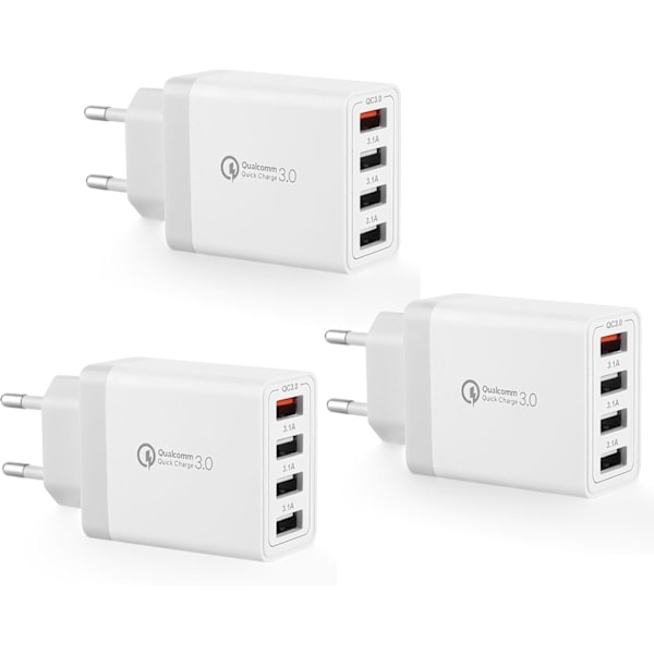 3-pak USB-oplader, 4-ports USB-opladningsadapter med 33W Smart QC 3.0 hurtigoplader, strømforsyning med flere porte til iPhone, Samsung white 3 pack