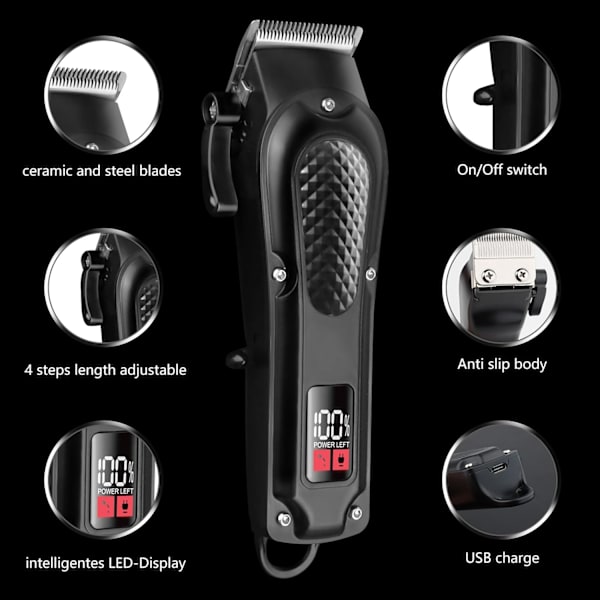 USB Uppladdningsbar Hårtrimmer för Män med LED-Display, Skägg- & Långhårstylingverktyg