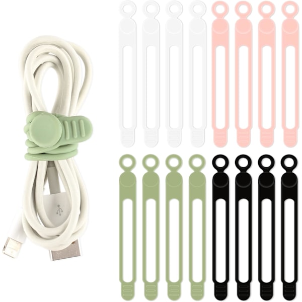 Kabelbindere Genanvendelige Silikone Kabelbindere 16 stk. Kabelbindere til ledninger Kabelbinder Organisatorer (16 stk., Blandet Farve (Sort/Hvid/Grøn/Pink))