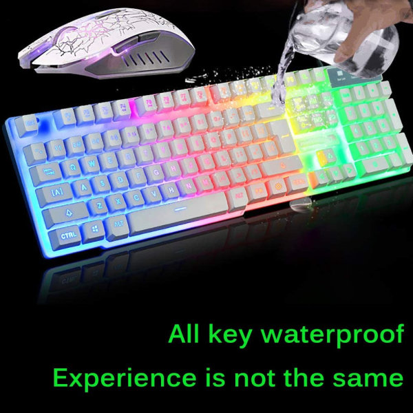 LED-bakgrundsbelyst speltangentbord och muskombination Ergonomiskt tangentbord, vitt