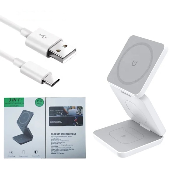 Bærbar 3 i 1 Foldbar Trådløs Oplader Hurtig Opladningsstation Magnetisk Oplader Samsung Watch Hurtig 15w Telefonoplader White General