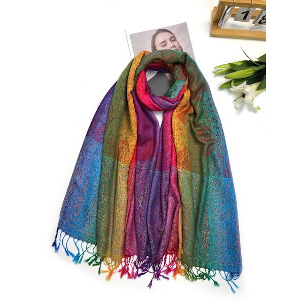 Womens Bohemian Jacquard Tassel Shawl - Regnbue Gradient, Satin Paisley, Varm & Vindtæt