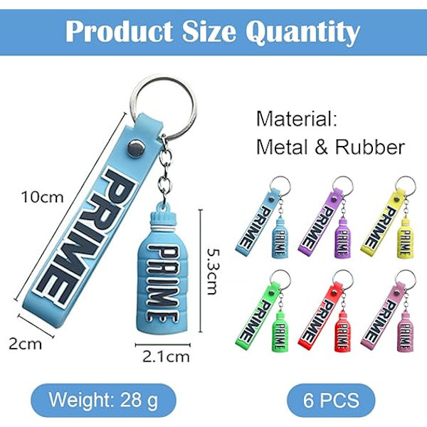 6 stk. Prime Drink nøkkelring, metall og gummi PVC nøkkelring, bilnøkkelring, veskenøkkelring, liten gave nøkkelring