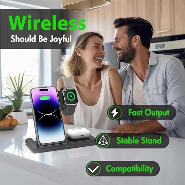 Trådlös laddningsstation för flera enheter: 3 i 1 snabbladdningsställ för Apple-produkter iPhone 14 13 12 11 Pro Max XS XR X 8 Plus Svart