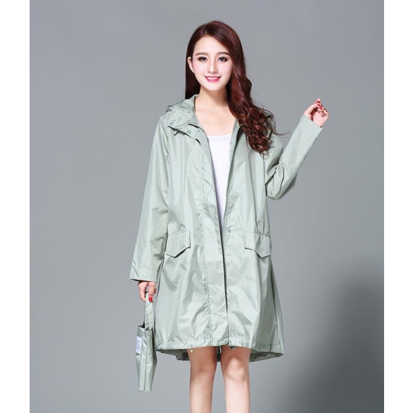 Vandtæt regnfrakke Regnfrakke med hætte let lang vindjakke senapsgrön XL