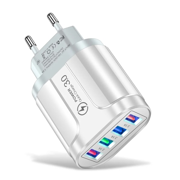 3.1A 4 Port USB Reiselader Hurtiglading QC 3.0 Vegglader for iPhone 14 13 Samsung Xiaomi Mobil EU Plugg Ladeadapter