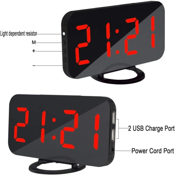 Kello peilillä, himmennettävä herätyskello, USB-portti, punainen