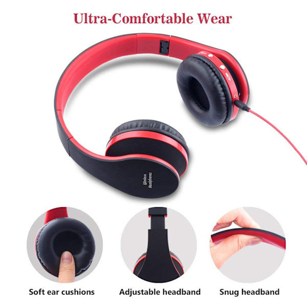 Bluetooth-hodetelefoner over-ear, sammenleggbart trådløst stereohodesett Red