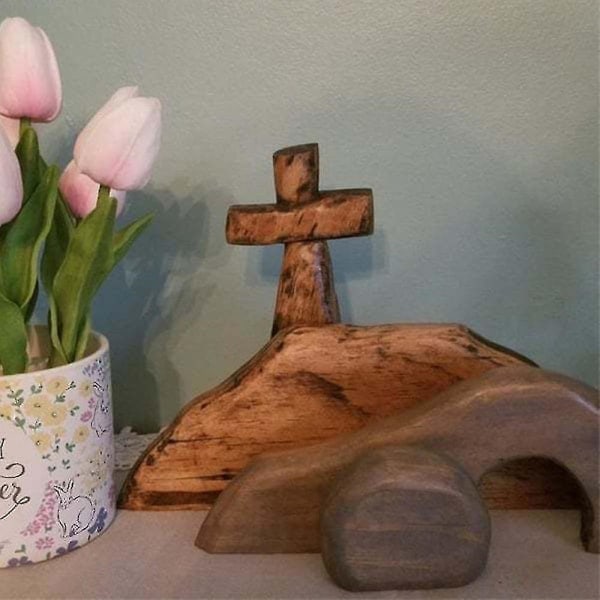 Den tomma graven påskscen och korsdekoration, Jesus grav påskbricka set, trä påsk Jesus skylt våningsbricka dekorationer [HONGDE]