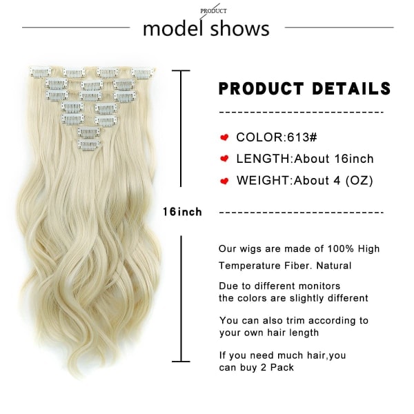 TG Clip-in Hårextensions, 16 tommer 7 stk Blonde Hårextensions