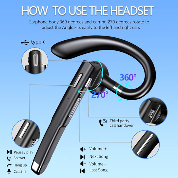 Bluetooth-headset med LED-ladeetui 270 graders roterbar mikrofon Handsfree Bluetooth 5.1-versjon